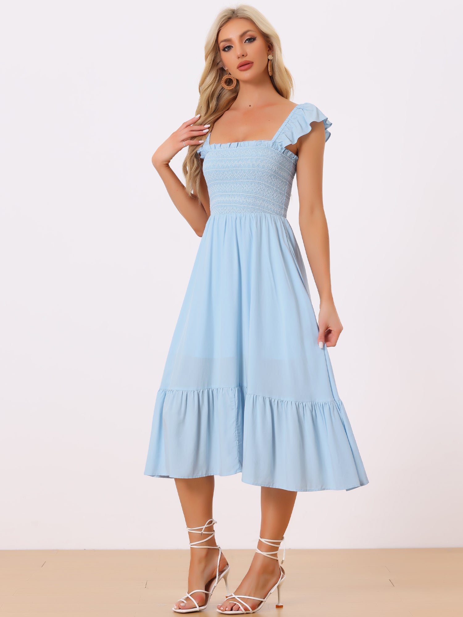 Boho Square Neck Ruffle Tiered Flowy Smocked Midi Dress Sundress