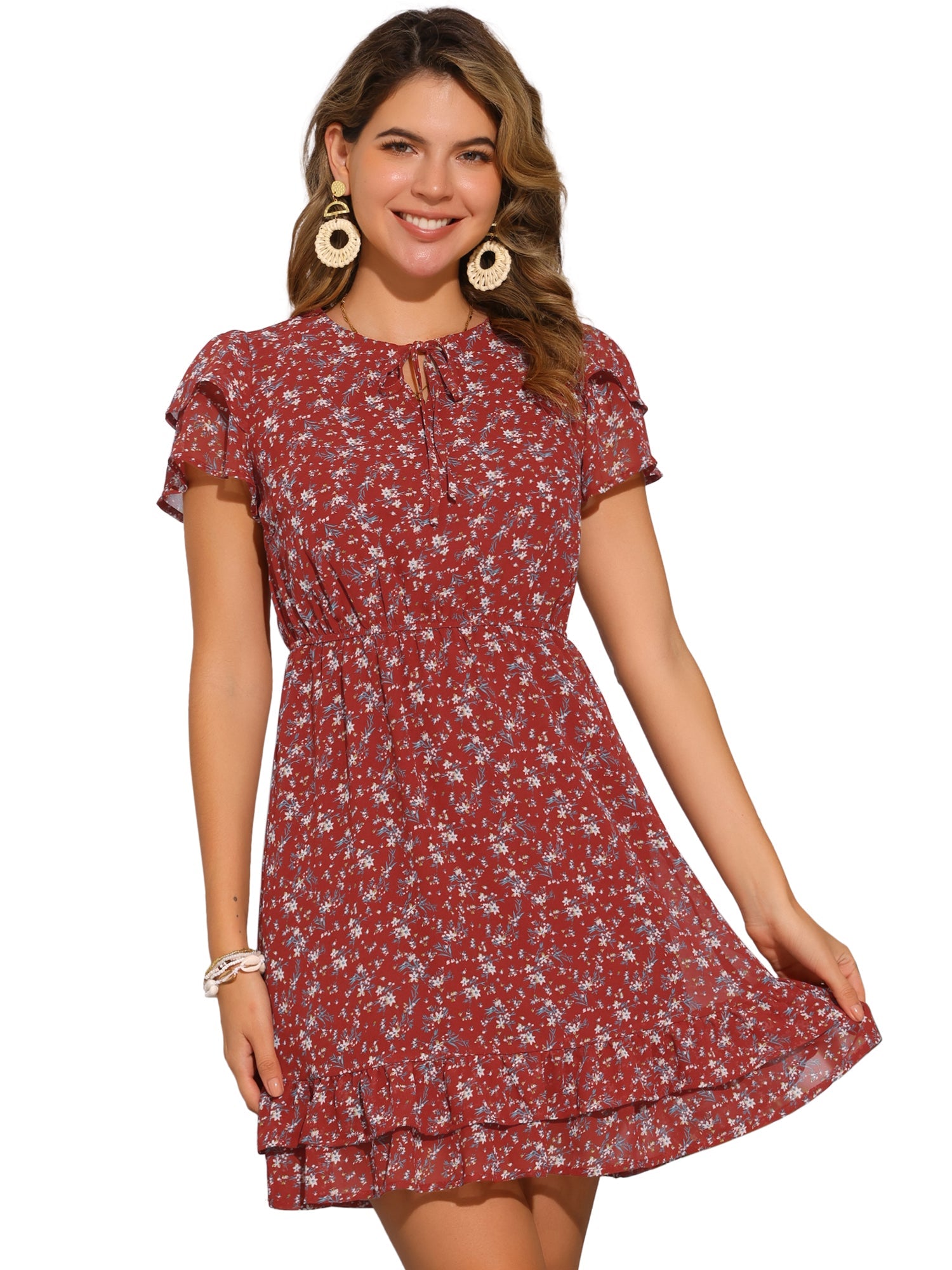 Ruffle Sleeve V Neck Above Knee A-Line Floral Chiffon Dress
