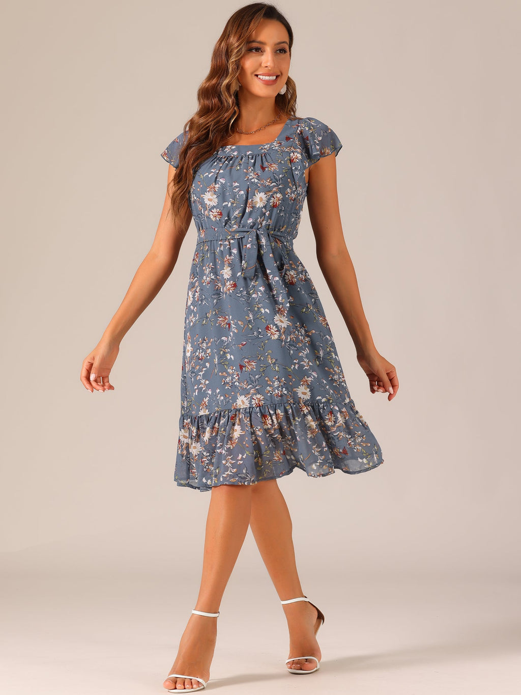 Floral Chiffon Flutter Sleeve Belted Square Neck Ruffled Hem Dress