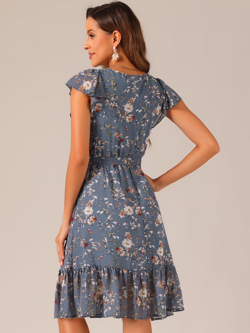Floral Chiffon Flutter Sleeve Belted Square Neck Ruffled Hem Dress