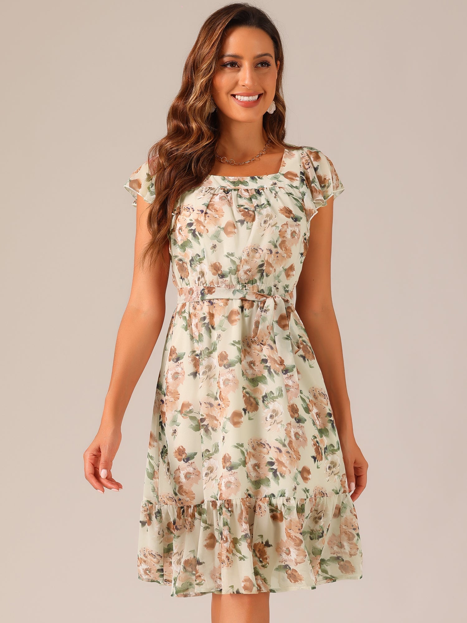Floral Chiffon Flutter Sleeve Belted Square Neck Ruffled Hem Dress