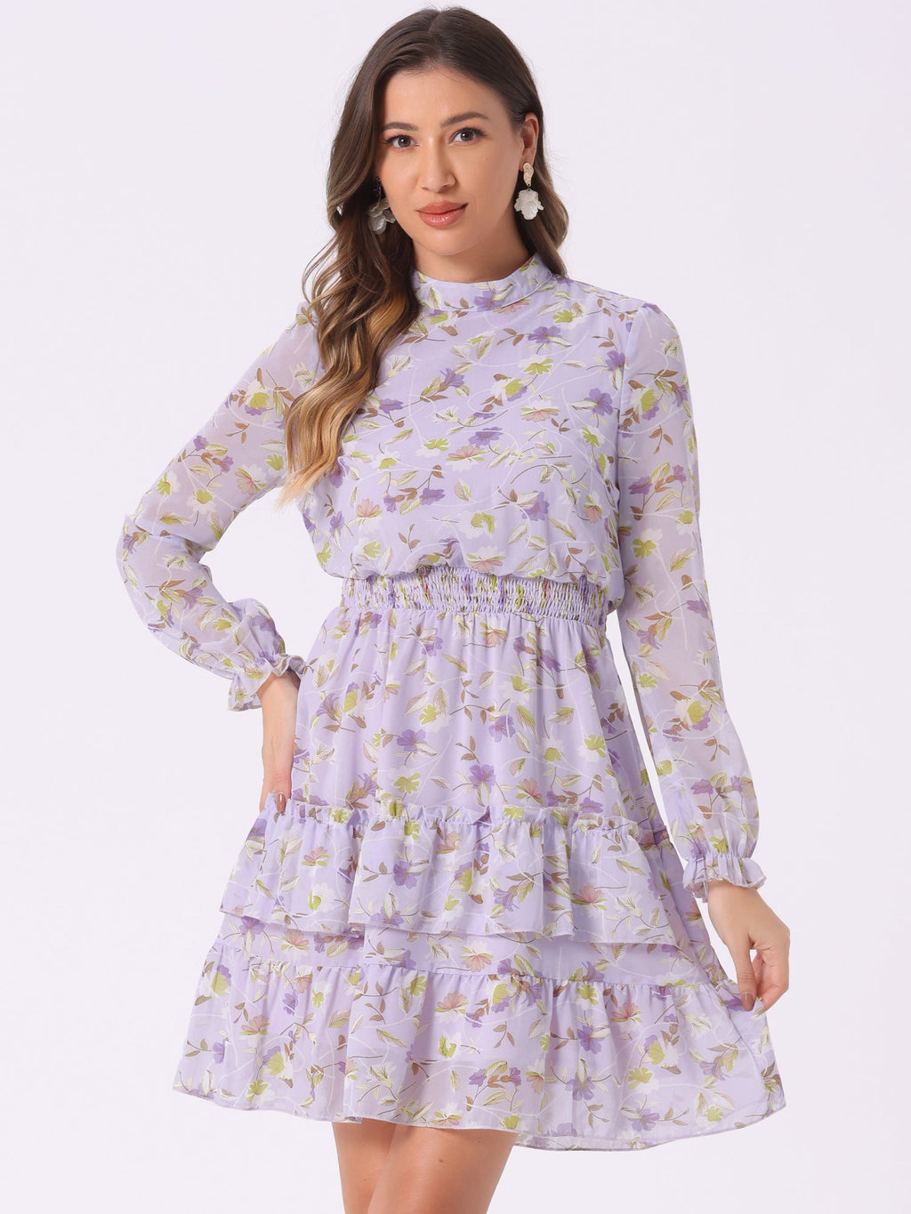 Floral Smocked Waist Sheer Sleeve Ruffle Layers Chiffon Dress