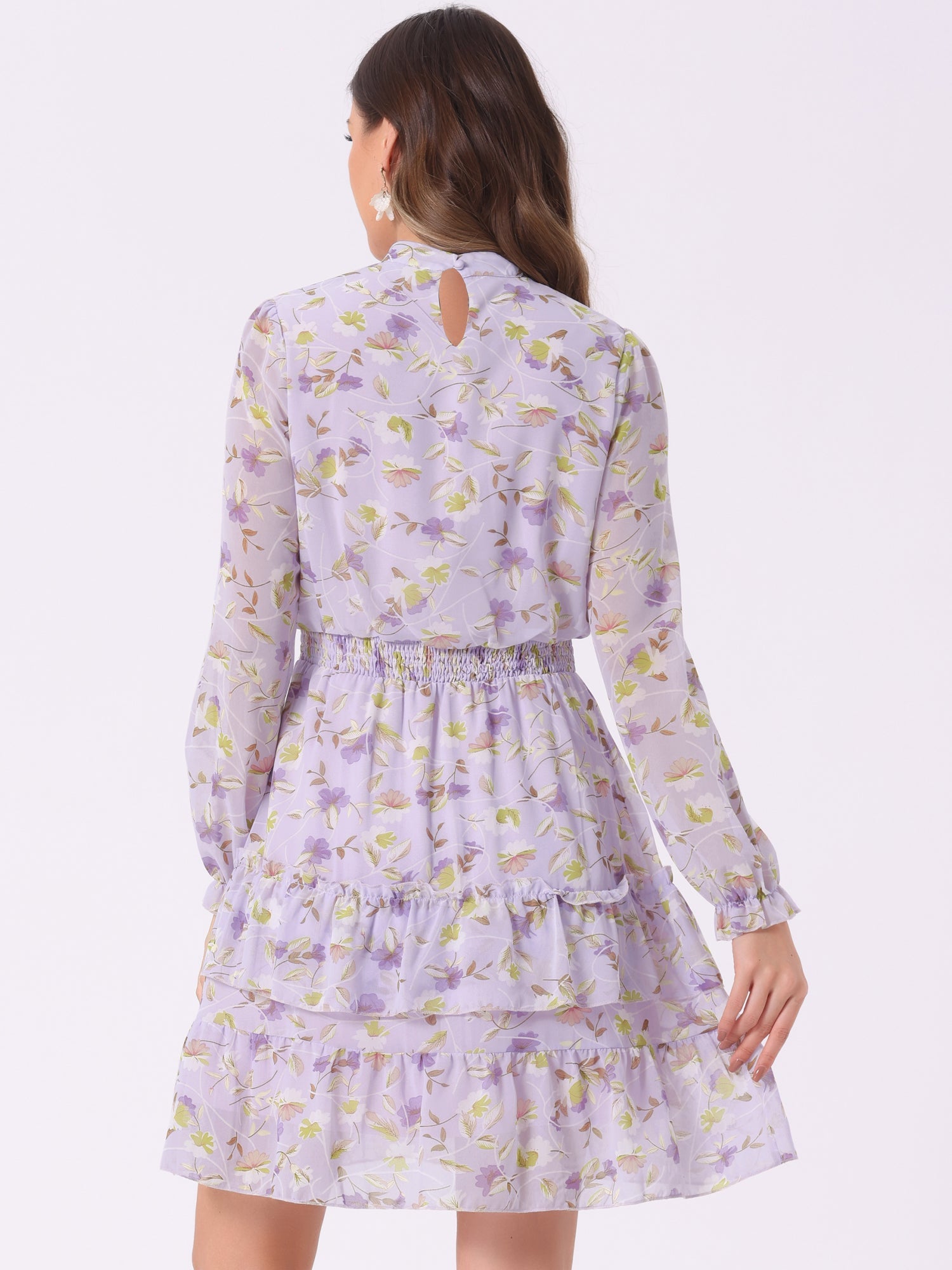 Floral Smocked Waist Sheer Sleeve Ruffle Layers Chiffon Dress