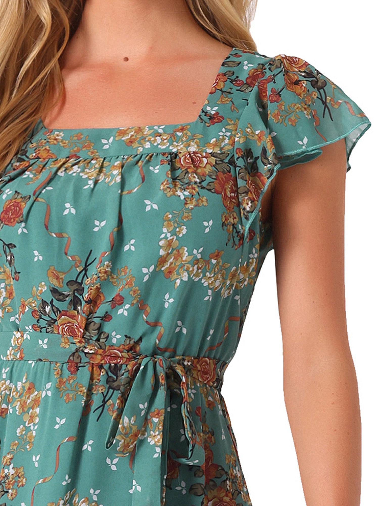 Floral Chiffon Flutter Sleeve Belted Square Neck Ruffled Hem Dress