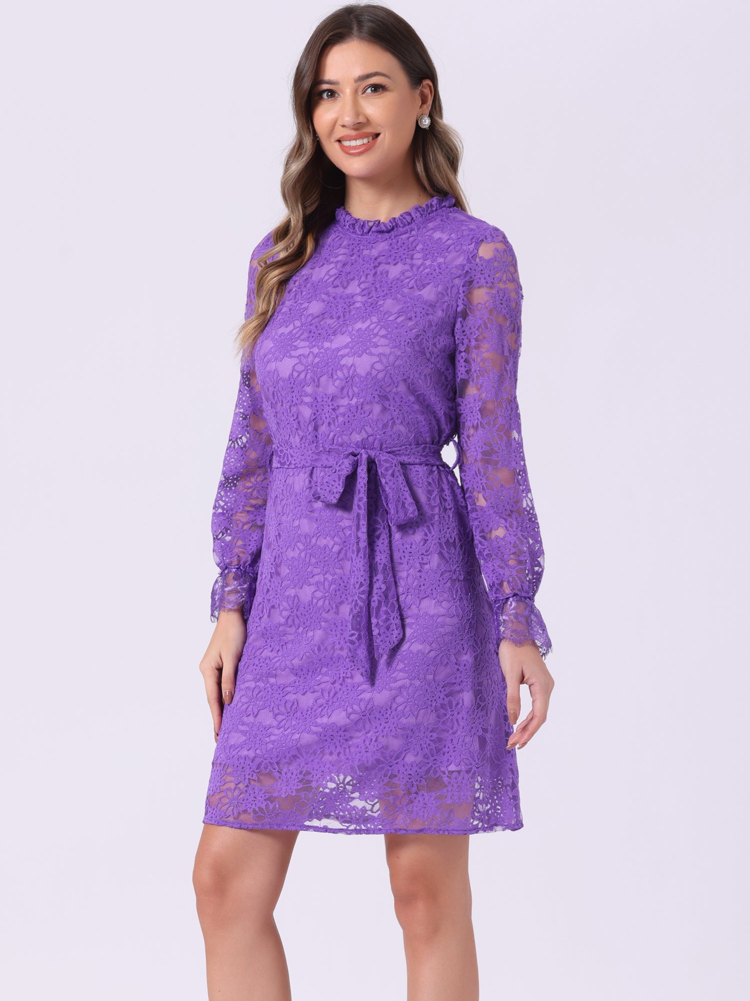 Lace Floral Ruffle Crew Neck Cocktail Mini Dress