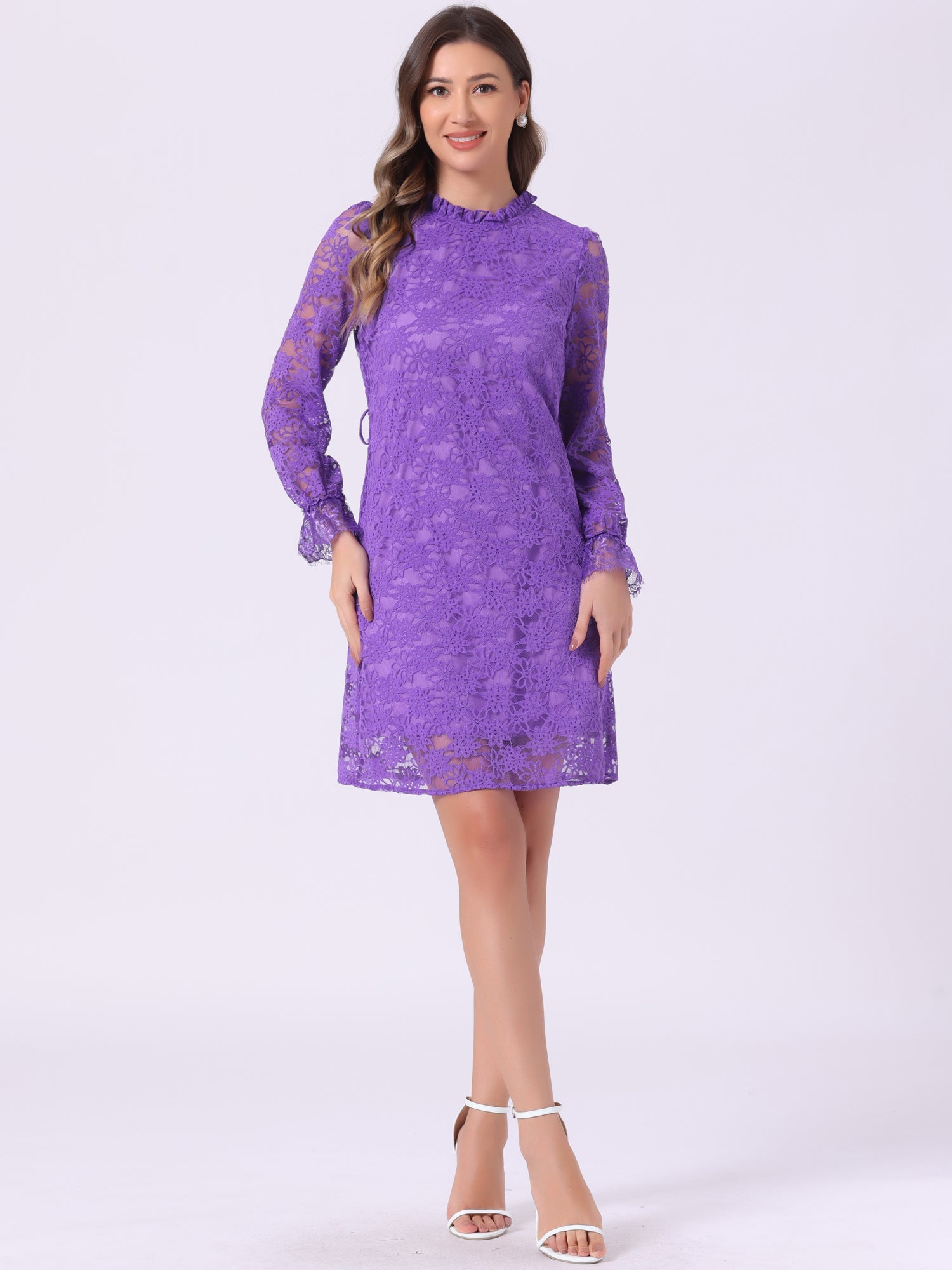 Lace Floral Ruffle Crew Neck Cocktail Mini Dress