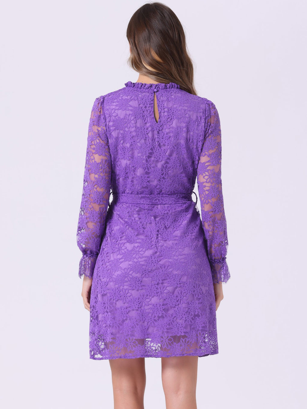 Lace Floral Ruffle Crew Neck Cocktail Mini Dress