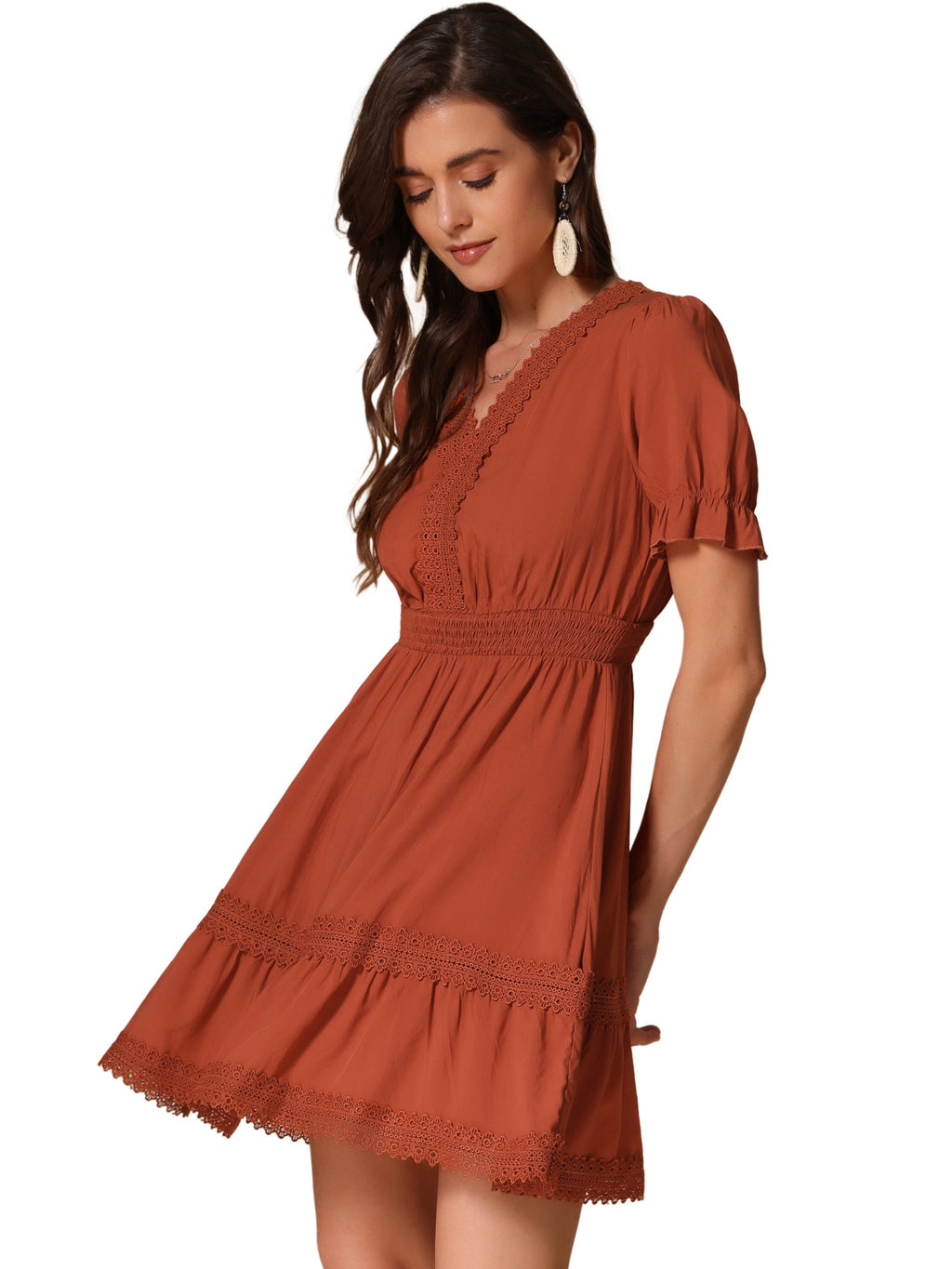 Boho Puff Sleeve V Neck Smocked Waist Ruffled Tiered Dress