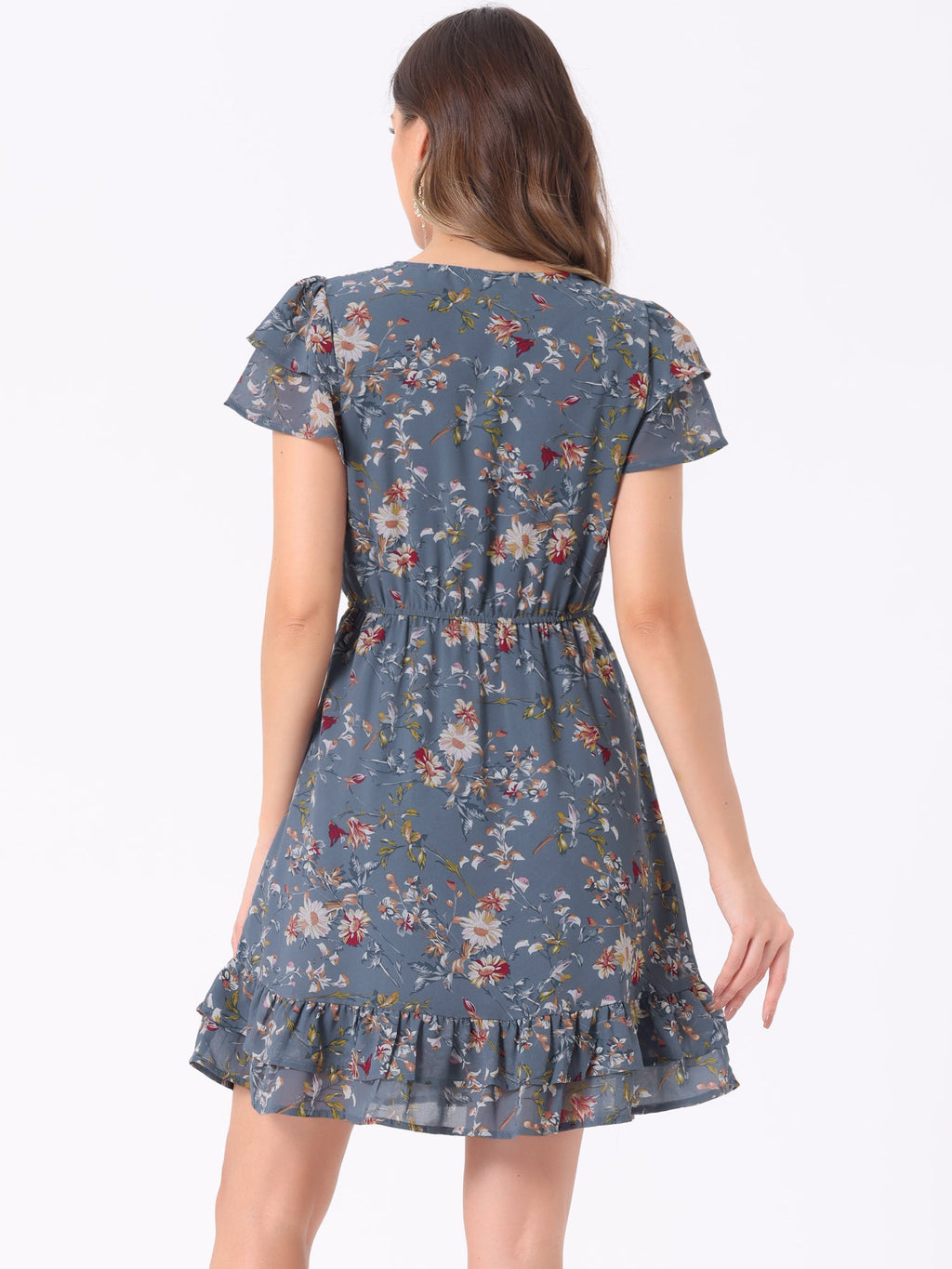 Ruffle Sleeve V Neck Above Knee A-Line Floral Chiffon Dress