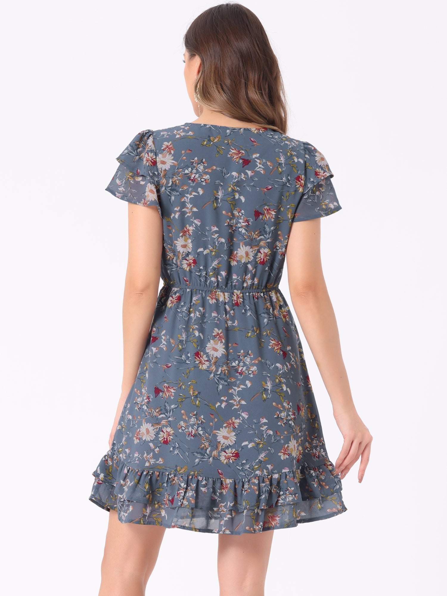 Ruffle Sleeve V Neck Above Knee A-Line Floral Chiffon Dress