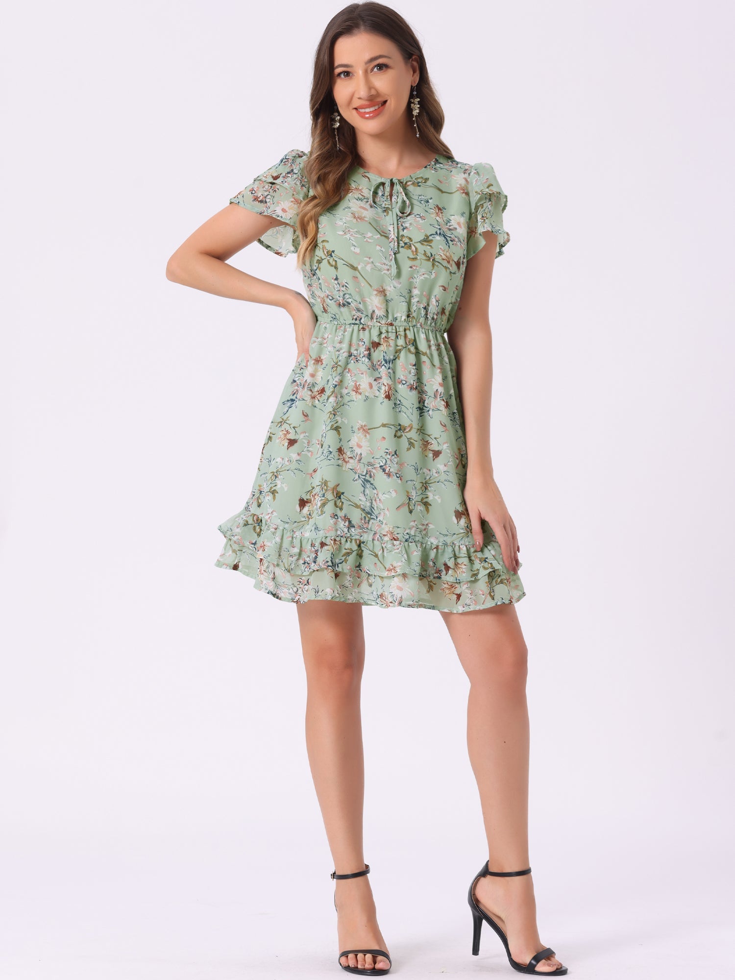 Ruffle Sleeve V Neck Above Knee A-Line Floral Chiffon Dress