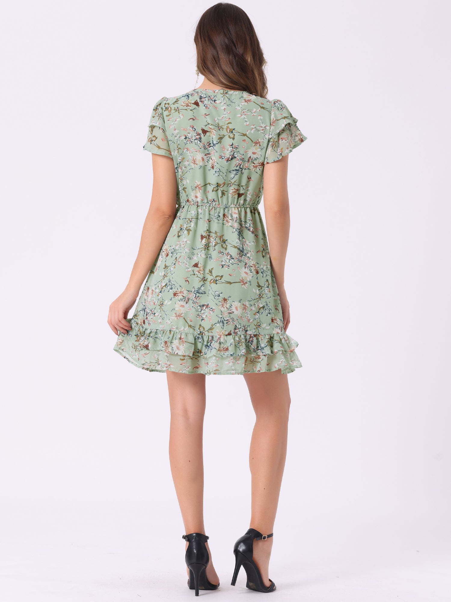 Ruffle Sleeve V Neck Above Knee A-Line Floral Chiffon Dress