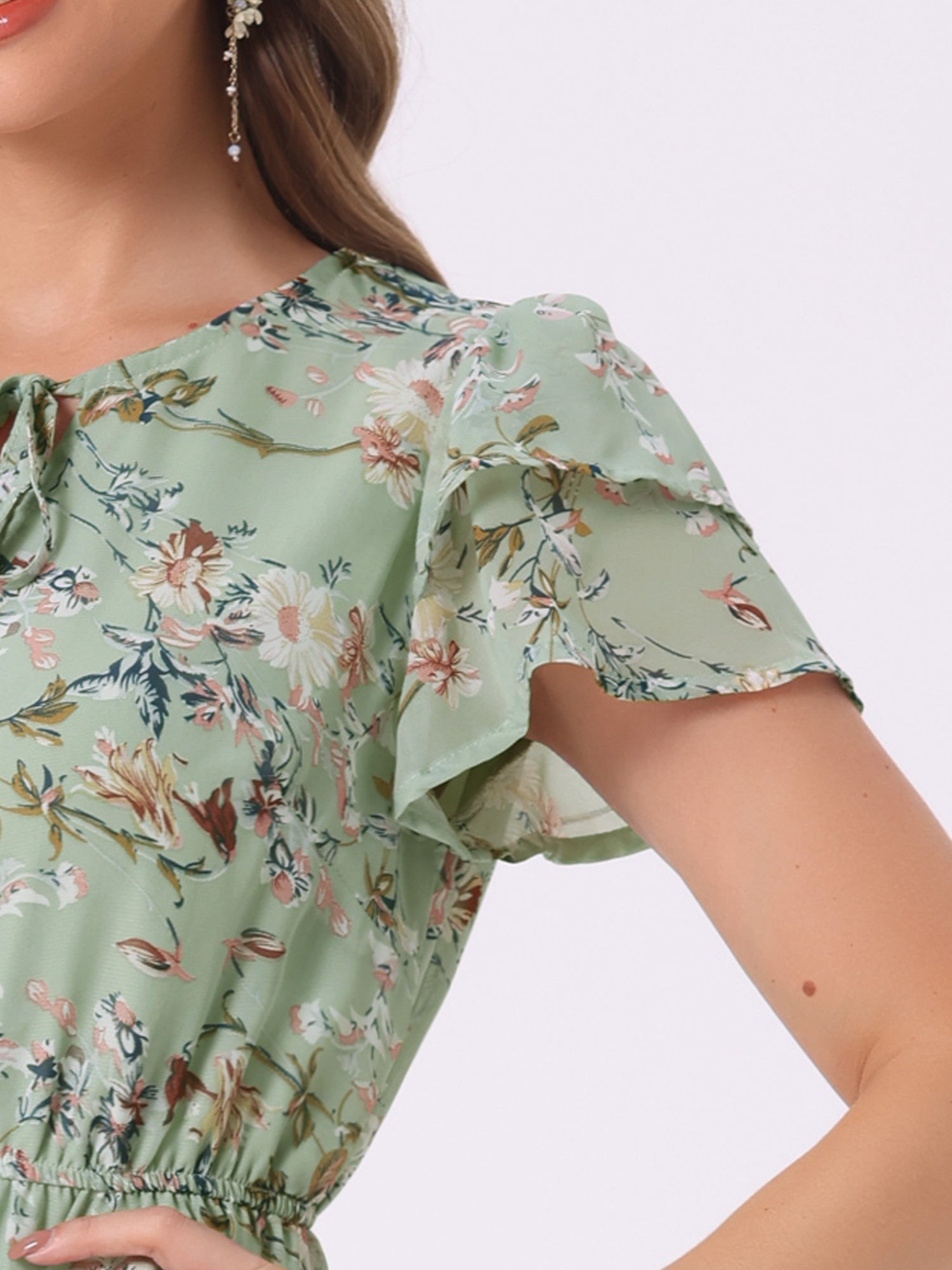 Ruffle Sleeve V Neck Above Knee A-Line Floral Chiffon Dress