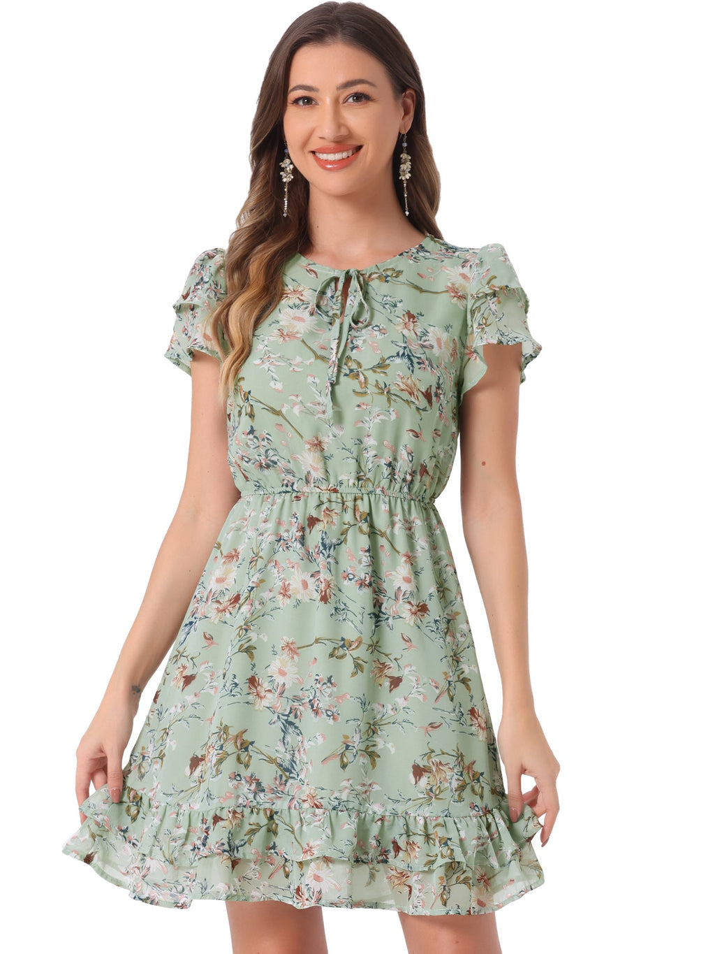 Ruffle Sleeve V Neck Above Knee A-Line Floral Chiffon Dress