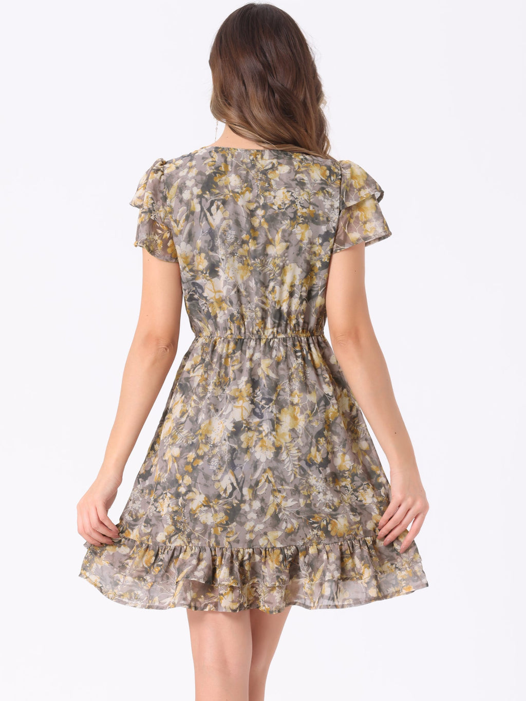 Ruffle Sleeve V Neck Above Knee A-Line Floral Chiffon Dress