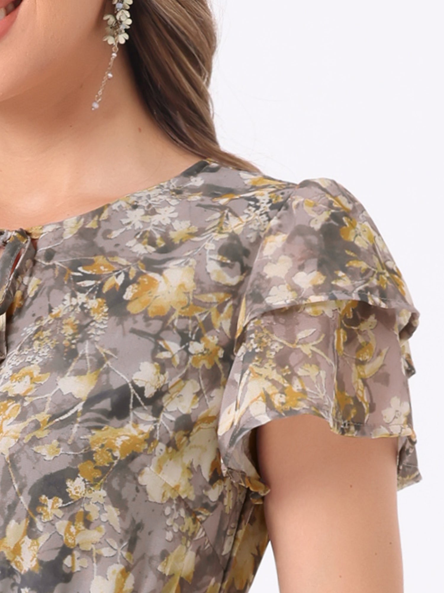 Ruffle Sleeve V Neck Above Knee A-Line Floral Chiffon Dress