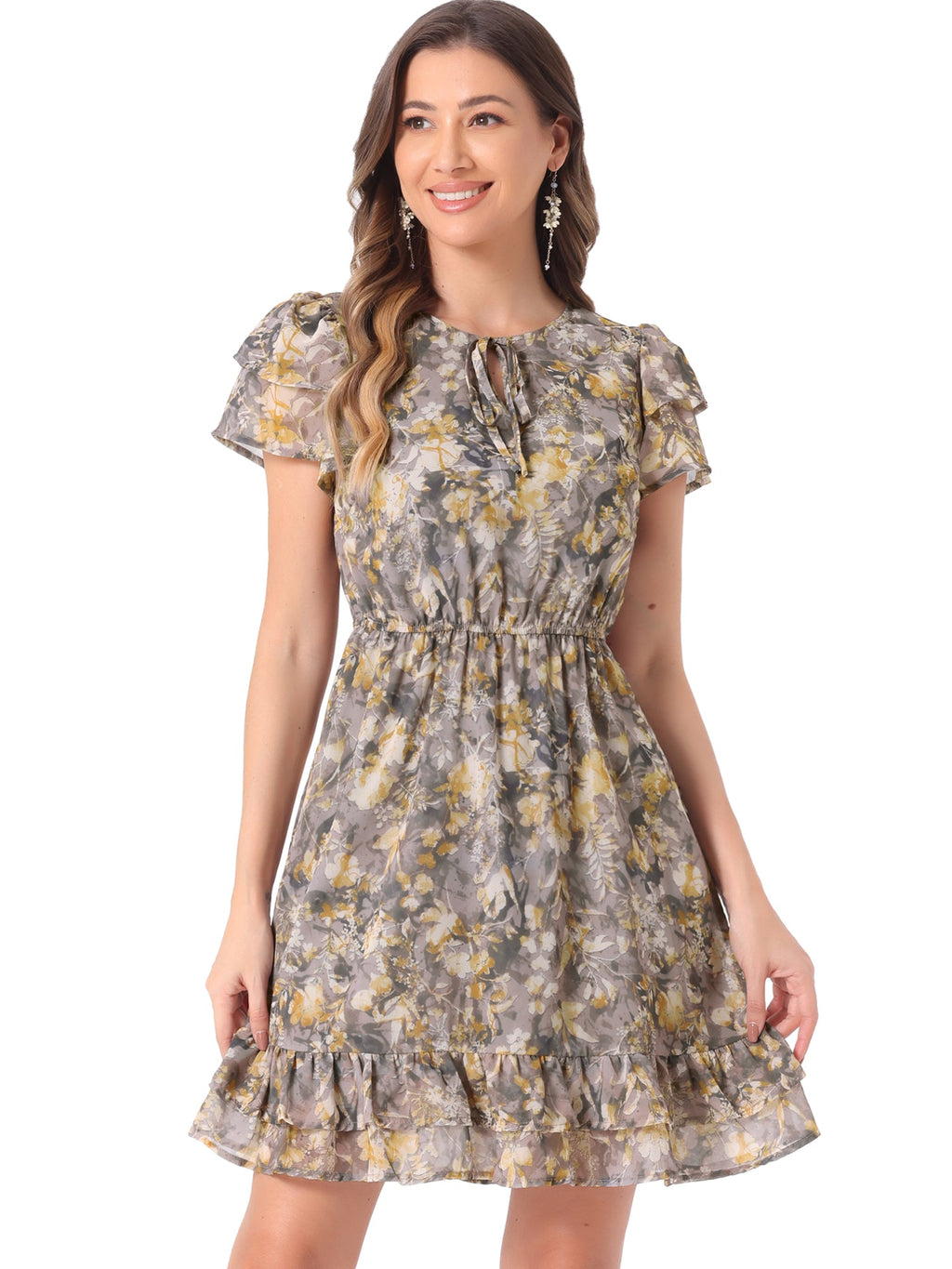 Ruffle Sleeve V Neck Above Knee A-Line Floral Chiffon Dress