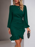 Elastic Ruched & Flutter Ruffles Puff Long Sleeve Bodycon Mini Party Night Sexy Dress