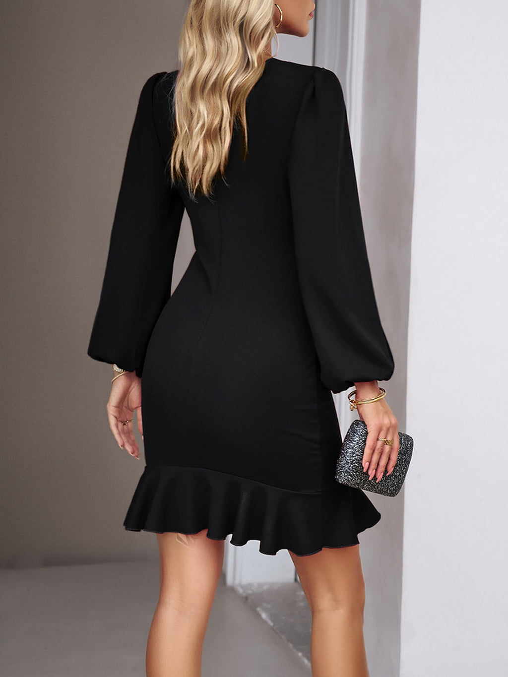 Elastic Ruched & Flutter Ruffles Puff Long Sleeve Bodycon Mini Party Night Sexy Dress