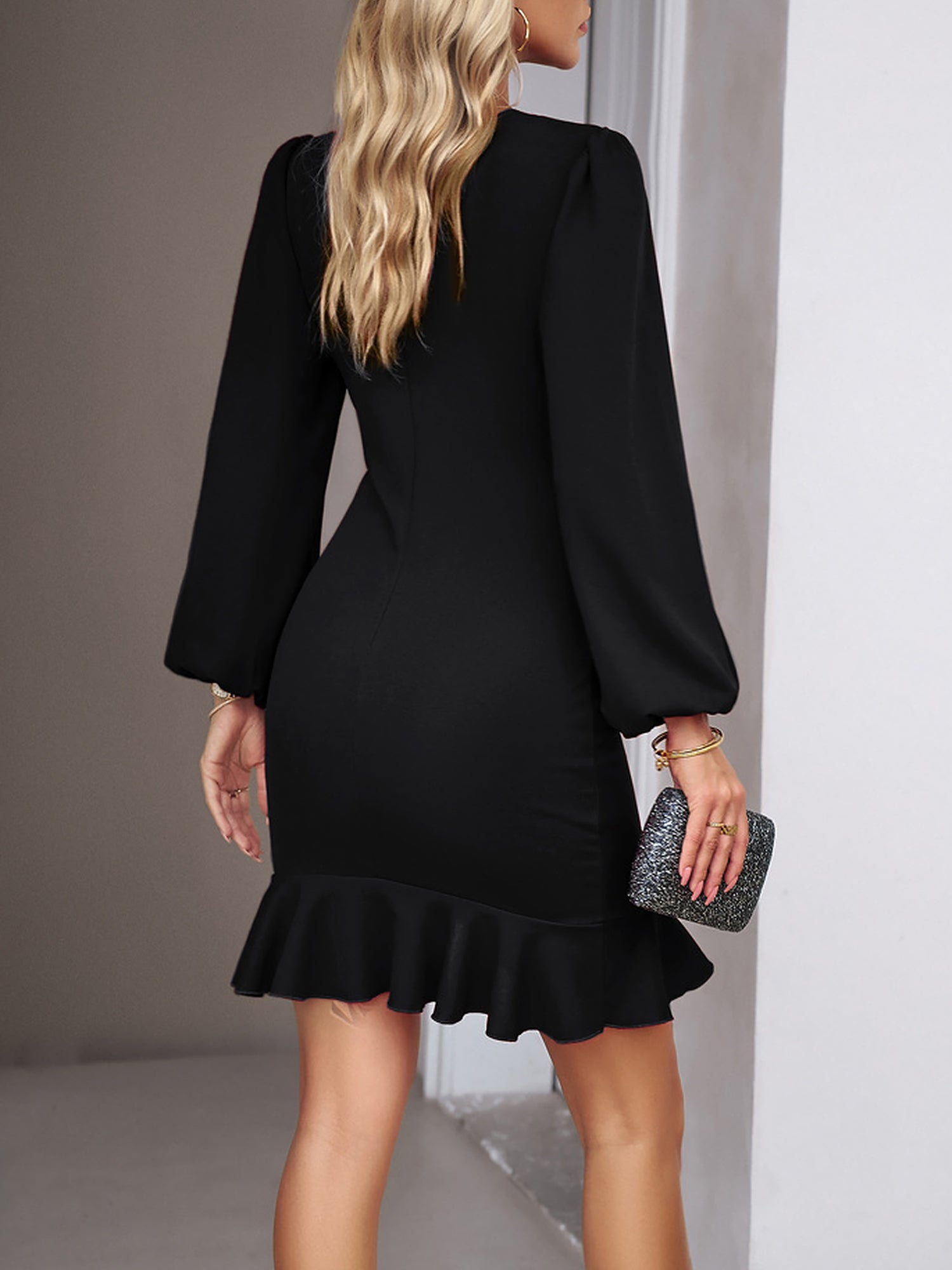 Elastic Ruched & Flutter Ruffles Puff Long Sleeve Bodycon Mini Party Night Sexy Dress
