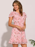 Ruffle Sleeve V Neck Above Knee A-Line Floral Chiffon Dress