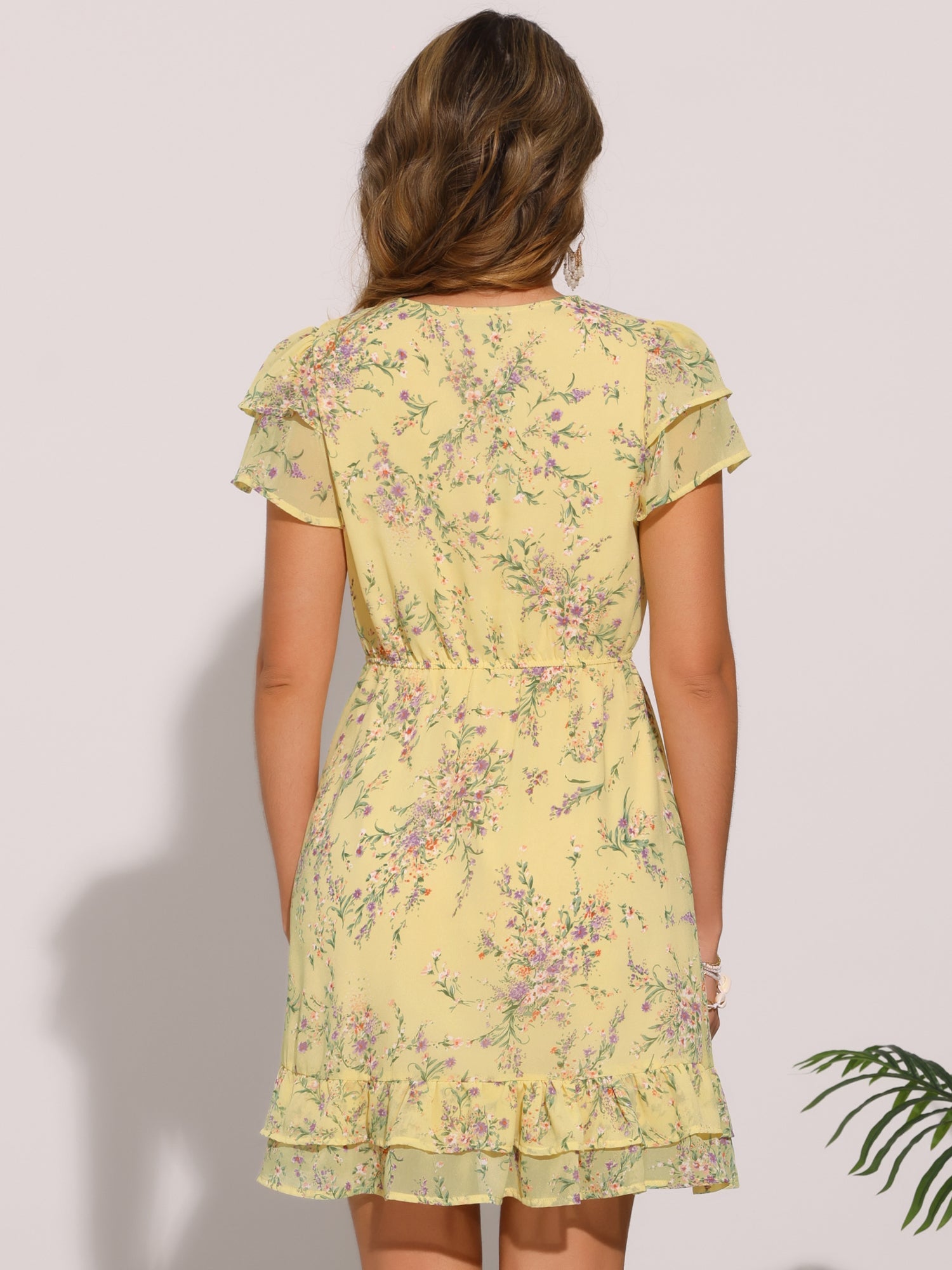 Ruffle Sleeve V Neck Above Knee A-Line Floral Chiffon Dress