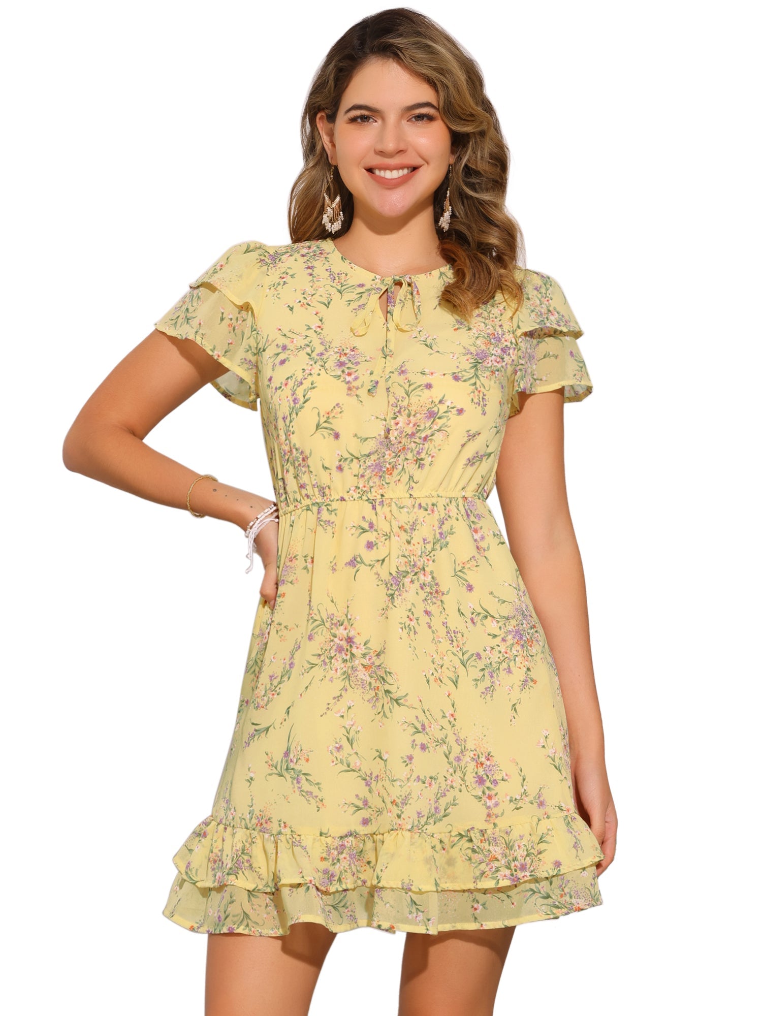 Ruffle Sleeve V Neck Above Knee A-Line Floral Chiffon Dress