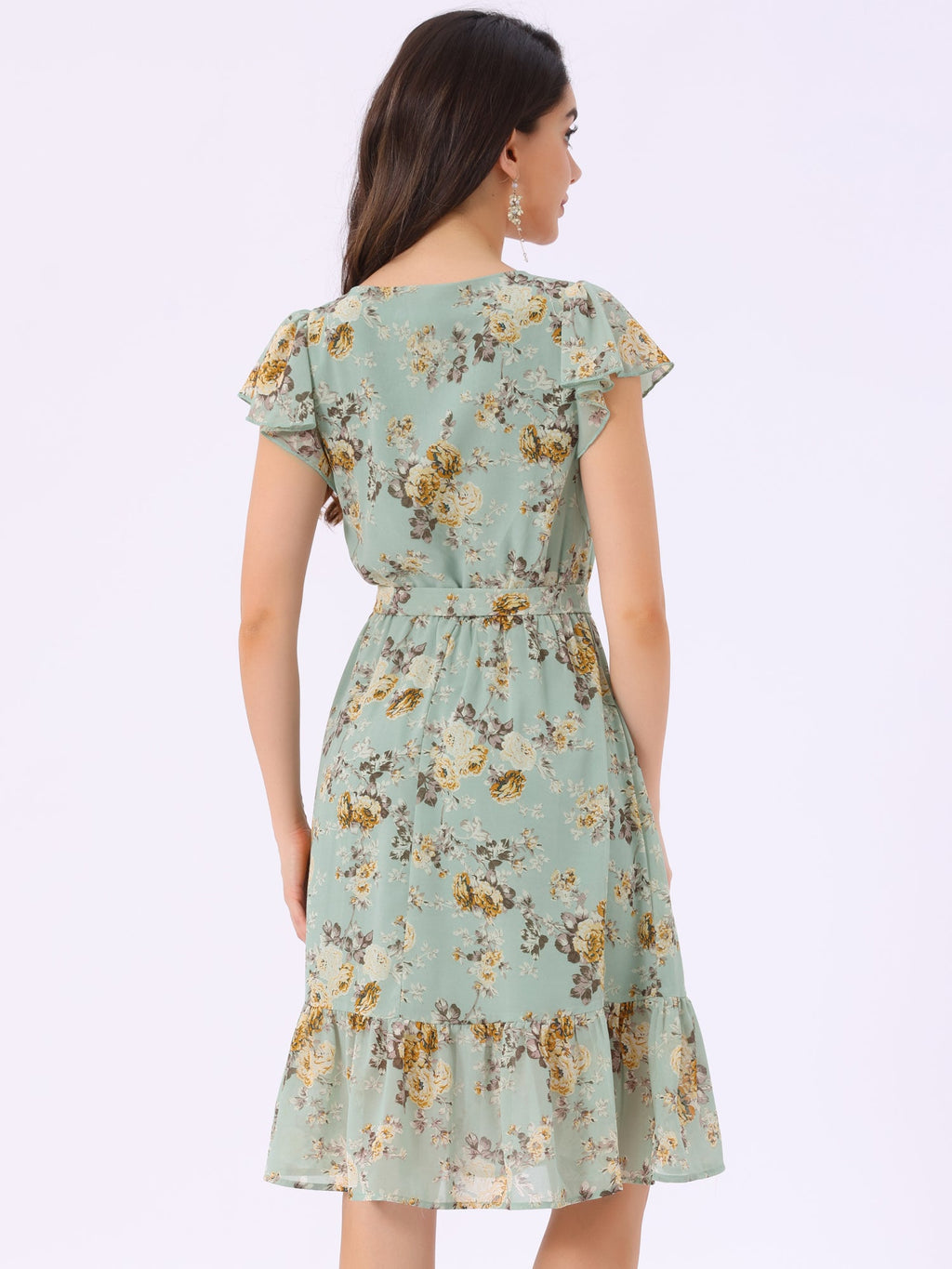 Floral Chiffon Flutter Sleeve Belted Square Neck Ruffled Hem Dress