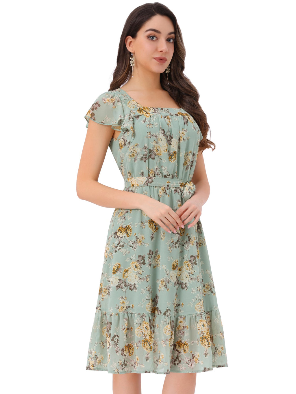Floral Chiffon Flutter Sleeve Belted Square Neck Ruffled Hem Dress