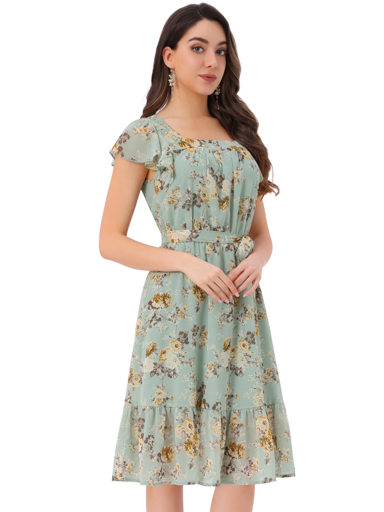 Floral Chiffon Flutter Sleeve Belted Square Neck Ruffled Hem Dress