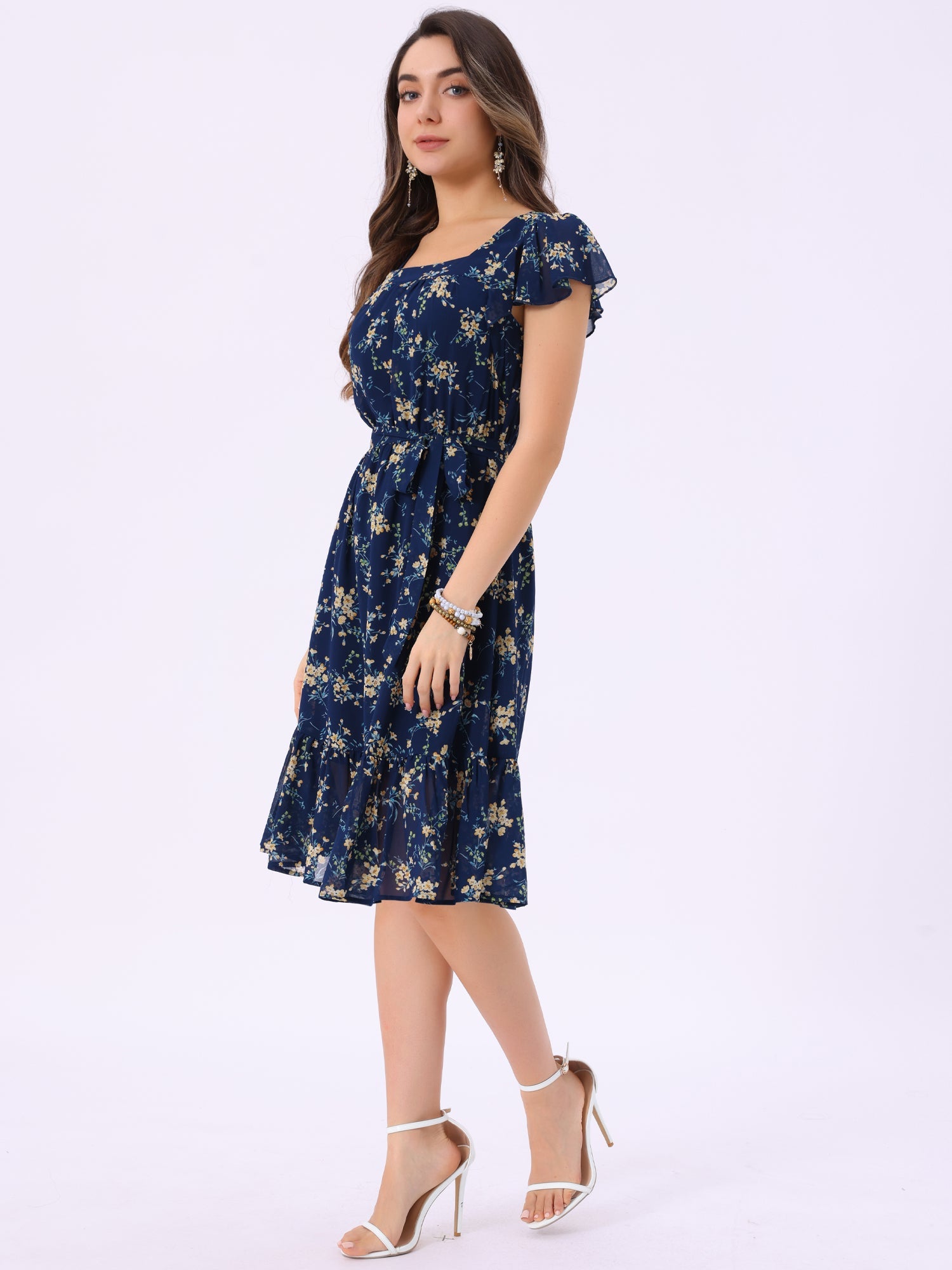 Floral Chiffon Flutter Sleeve Belted Square Neck Ruffled Hem Dress