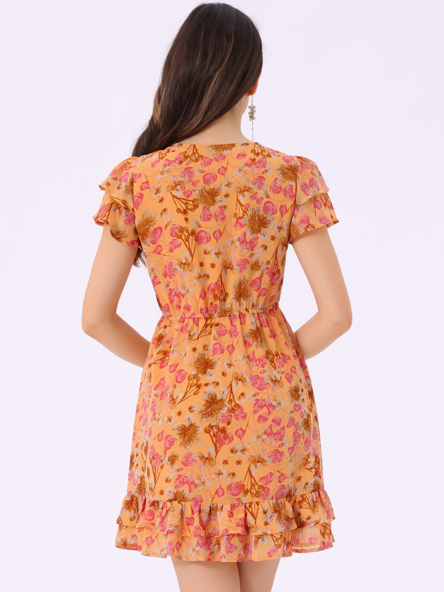 Ruffle Sleeve V Neck Above Knee A-Line Floral Chiffon Dress