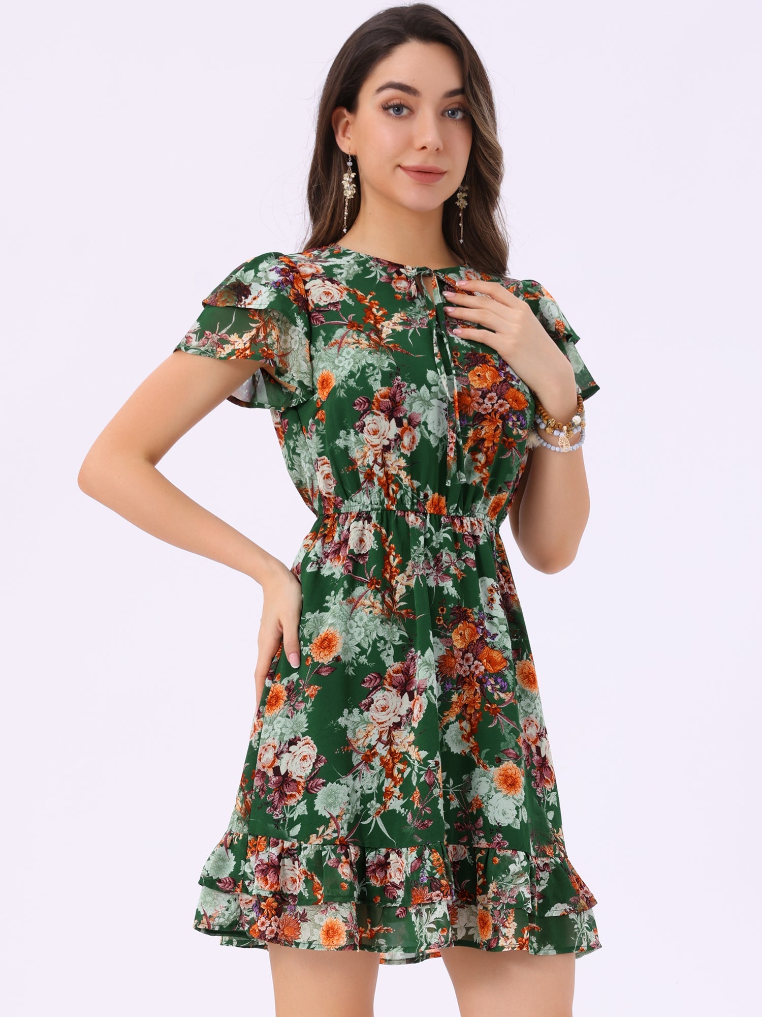Ruffle Sleeve V Neck Above Knee A-Line Floral Chiffon Dress