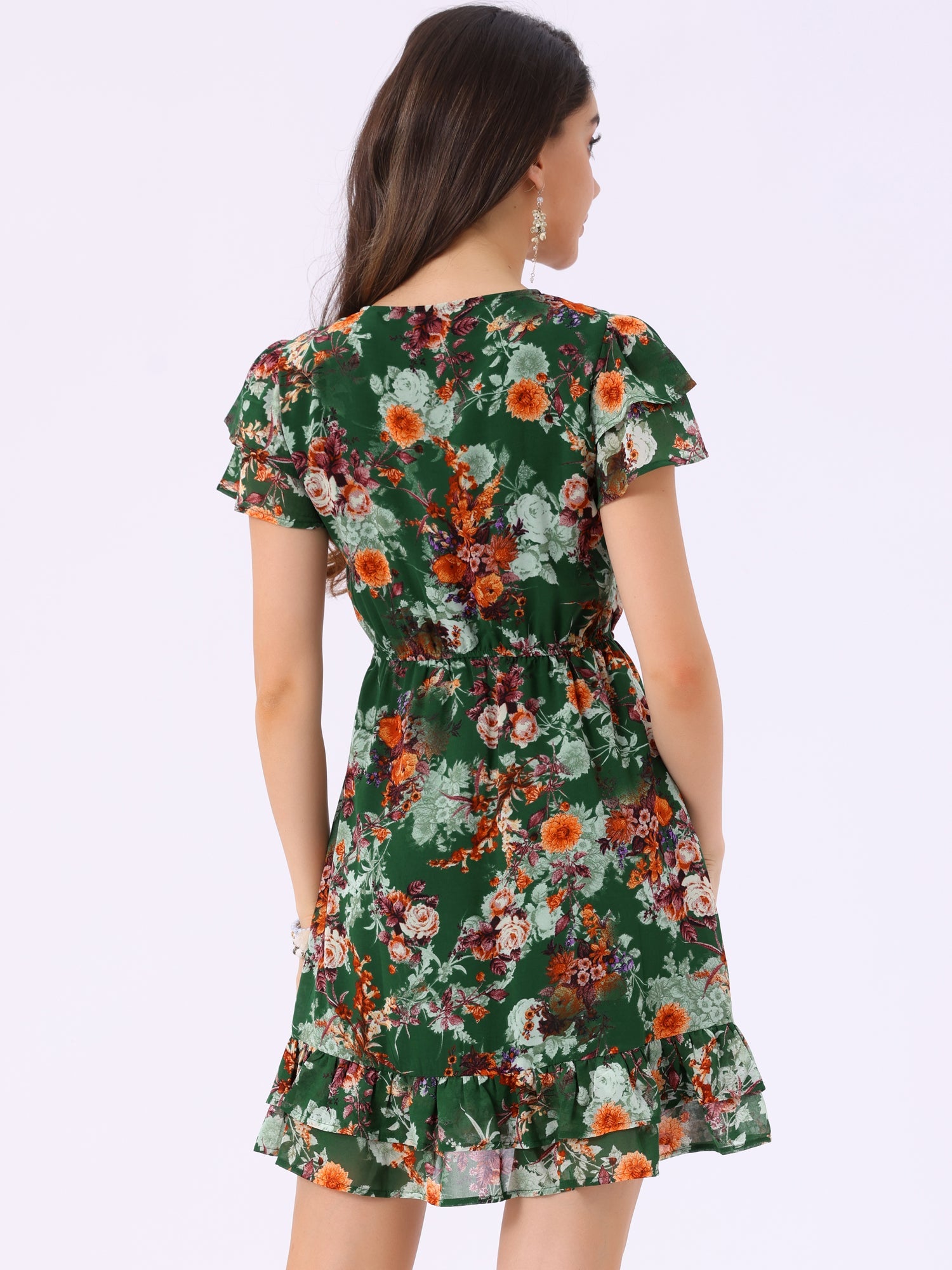 Ruffle Sleeve V Neck Above Knee A-Line Floral Chiffon Dress