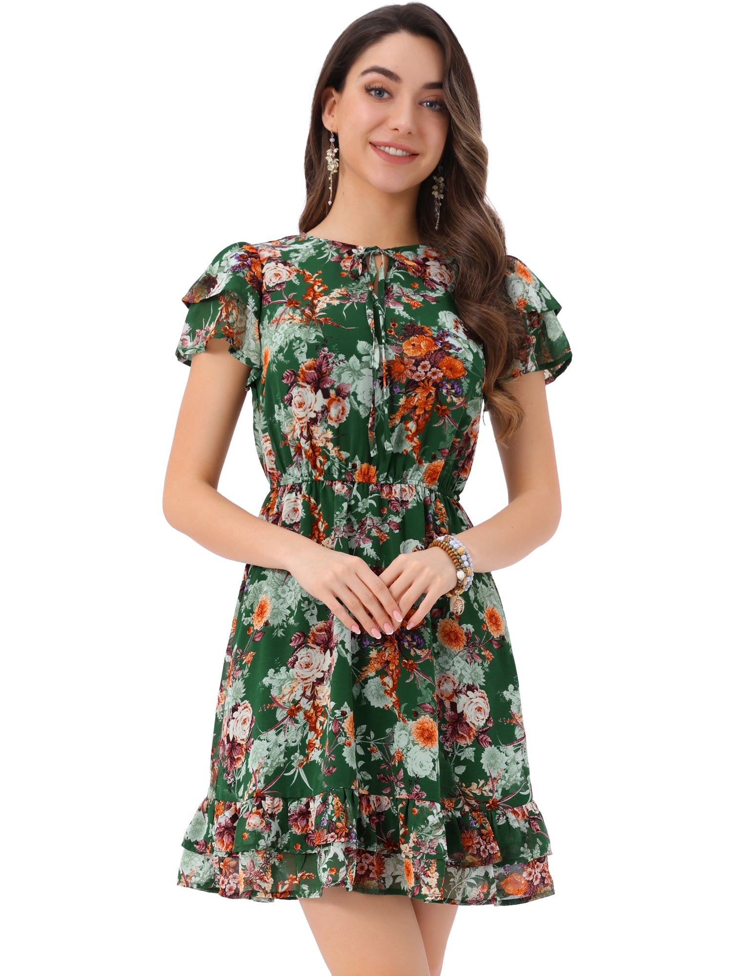 Ruffle Sleeve V Neck Above Knee A-Line Floral Chiffon Dress