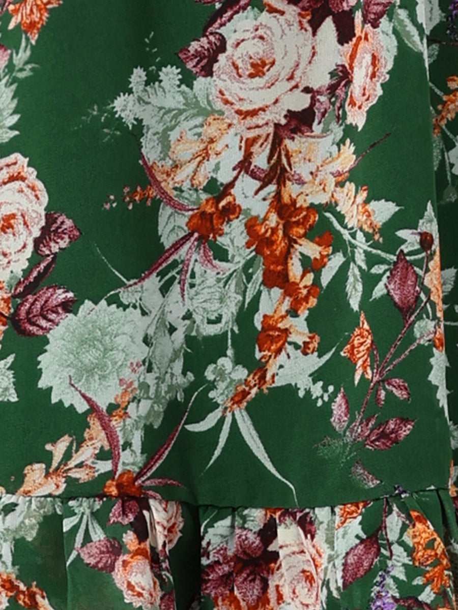 Ruffle Sleeve V Neck Above Knee A-Line Floral Chiffon Dress