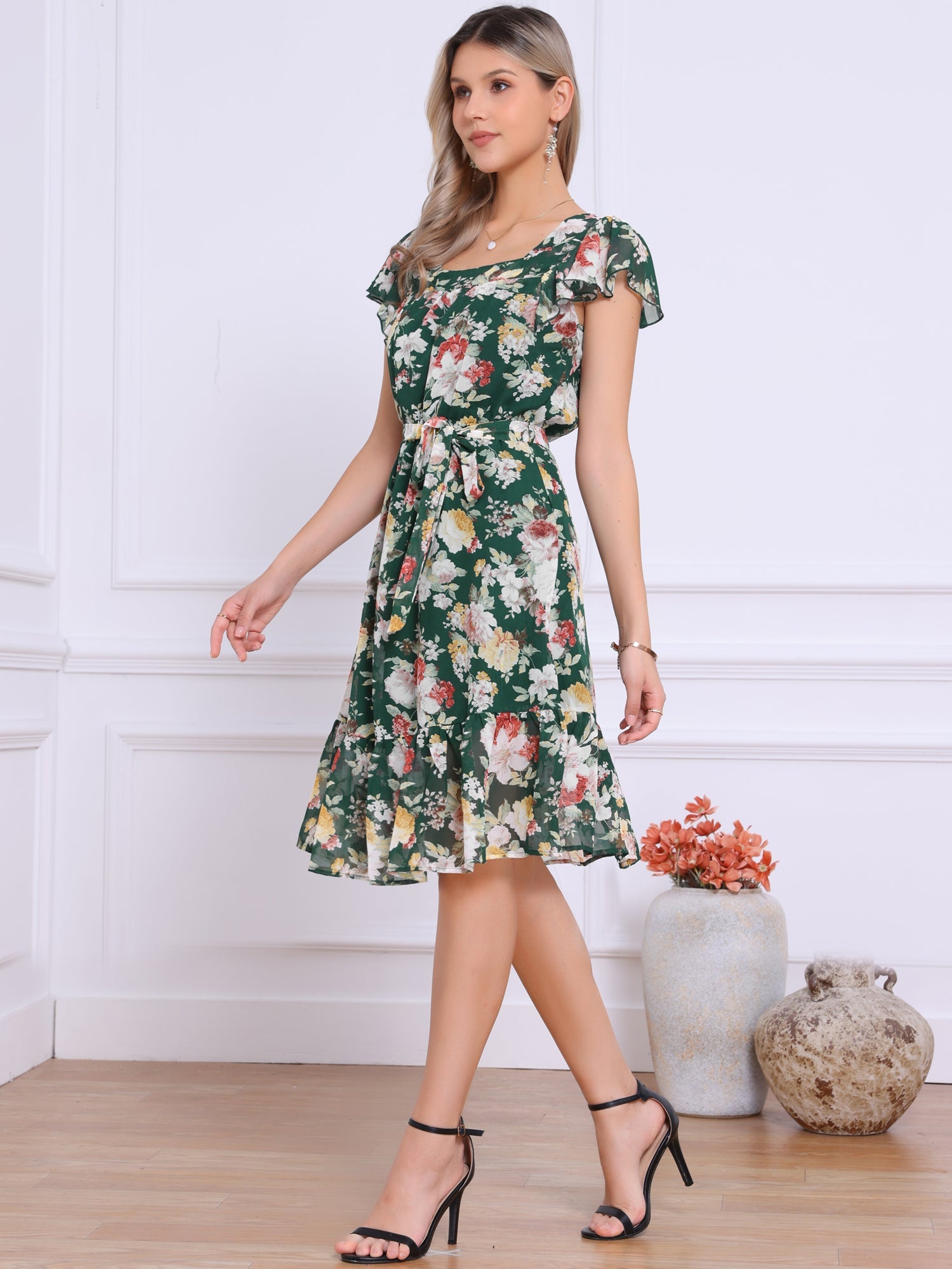 Floral Chiffon Flutter Sleeve Belted Square Neck Ruffled Hem Dress
