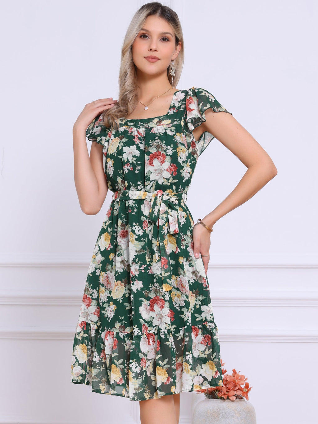 Floral Chiffon Flutter Sleeve Belted Square Neck Ruffled Hem Dress