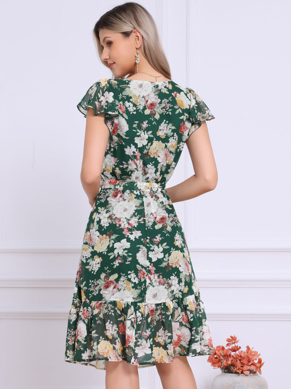 Floral Chiffon Flutter Sleeve Belted Square Neck Ruffled Hem Dress