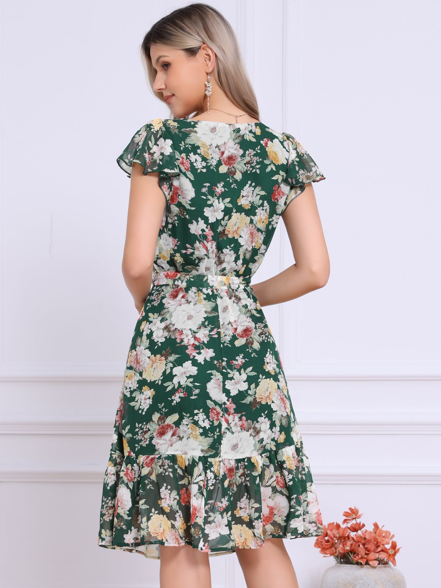 Floral Chiffon Flutter Sleeve Belted Square Neck Ruffled Hem Dress