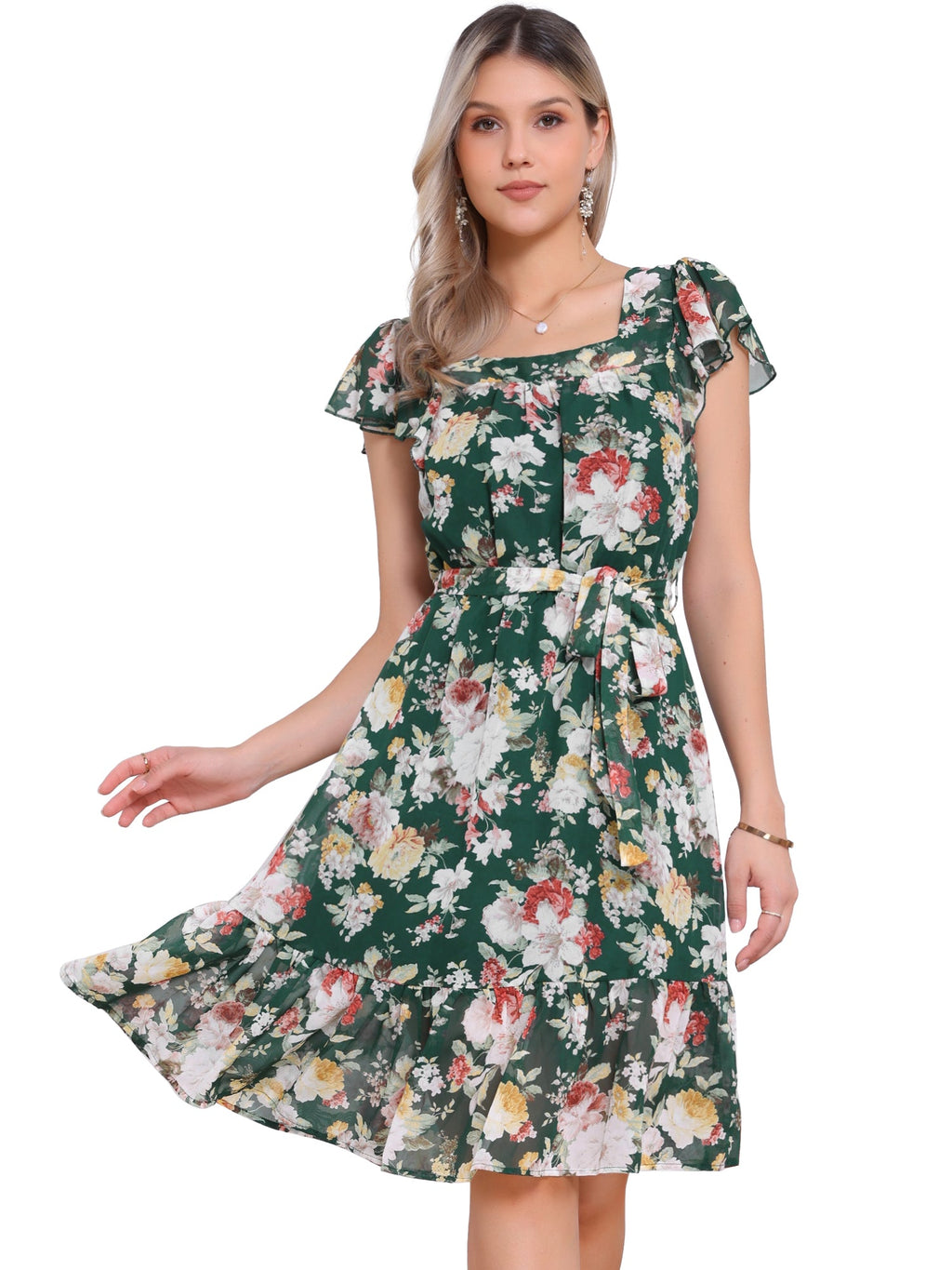 Floral Chiffon Flutter Sleeve Belted Square Neck Ruffled Hem Dress