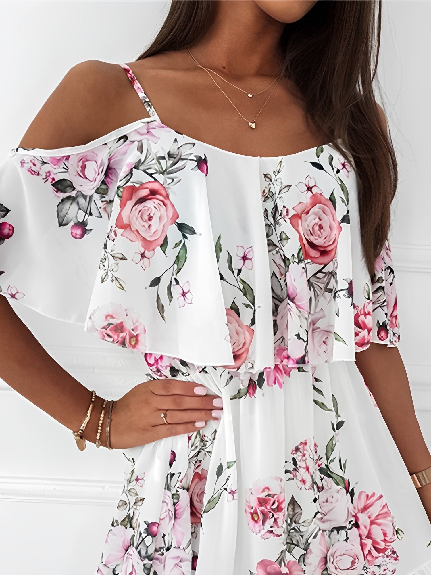 Floral Cold Shoulder Ruffled Mini Chiffon Dress