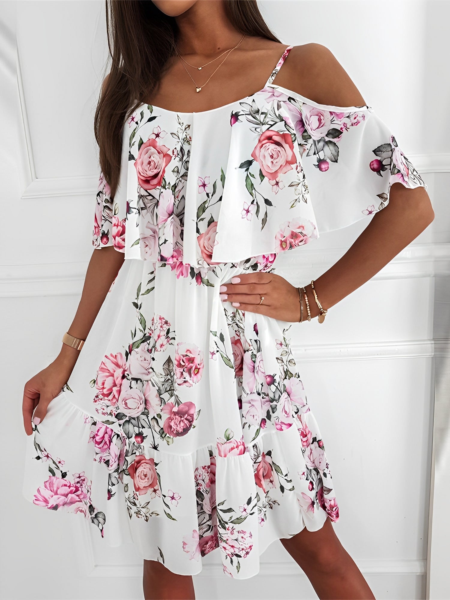 Floral Cold Shoulder Ruffled Mini Chiffon Dress