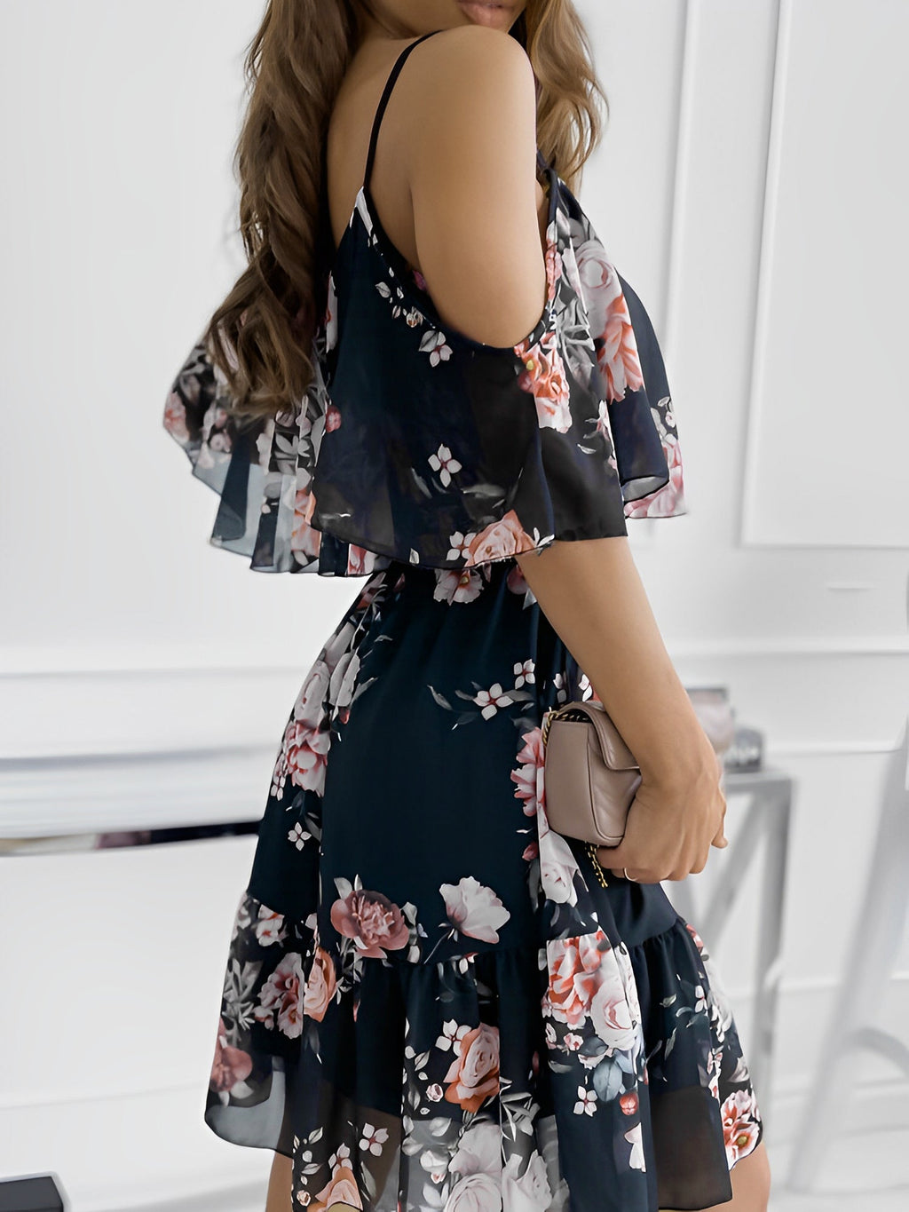 Floral Cold Shoulder Ruffled Mini Chiffon Dress