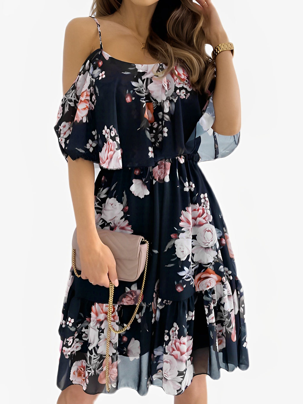 Floral Cold Shoulder Ruffled Mini Chiffon Dress