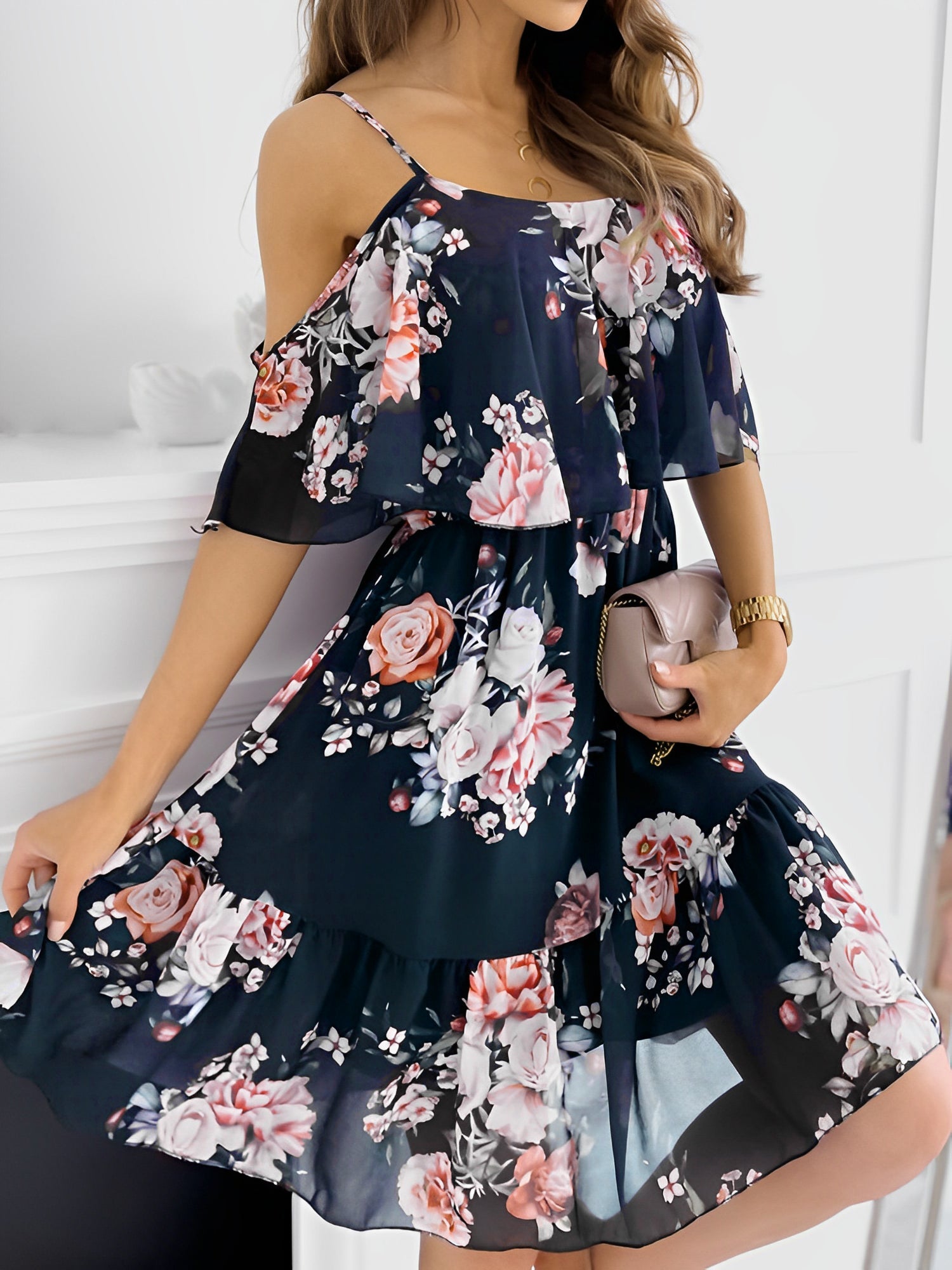 Floral Cold Shoulder Ruffled Mini Chiffon Dress