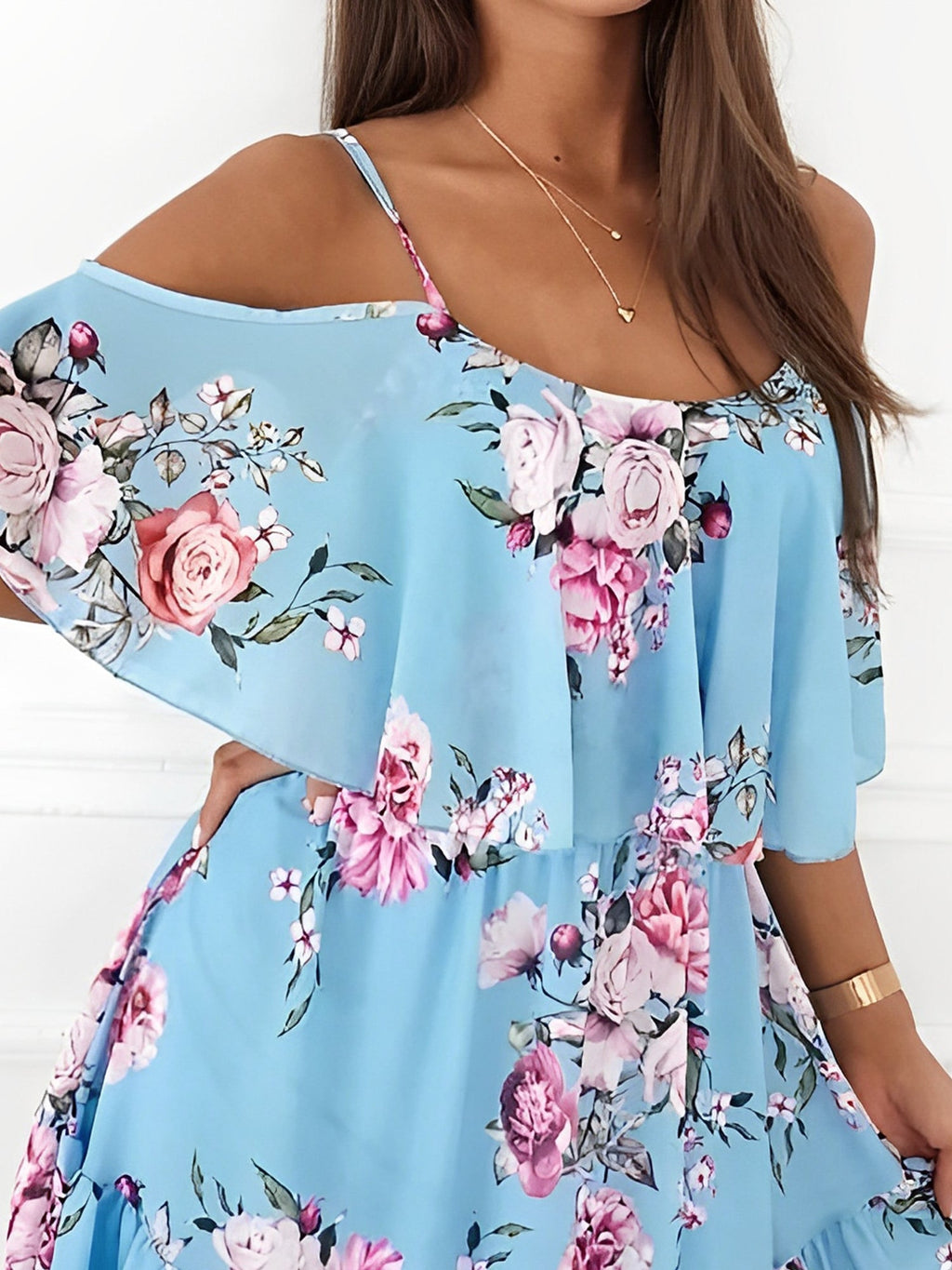 Floral Cold Shoulder Ruffled Mini Chiffon Dress
