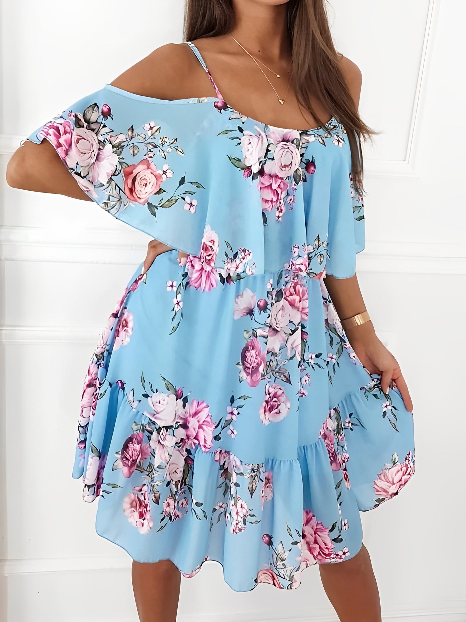 Floral Cold Shoulder Ruffled Mini Chiffon Dress