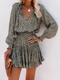 Leopard V Neck Smocked Ruffled Tiered Mini Dress