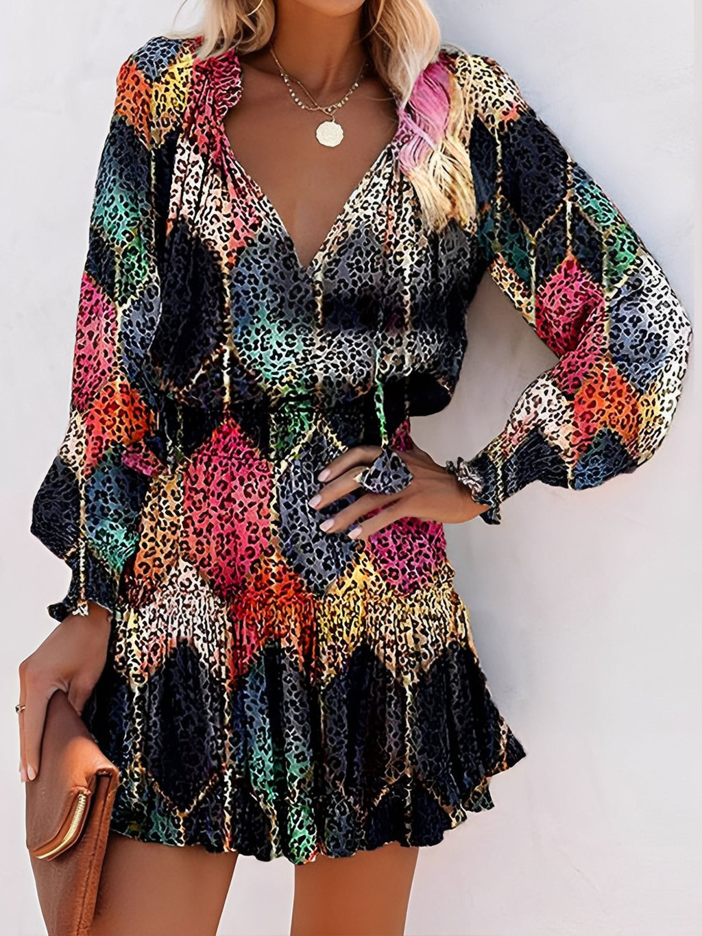 Leopard V Neck Smocked Ruffled Tiered Mini Dress